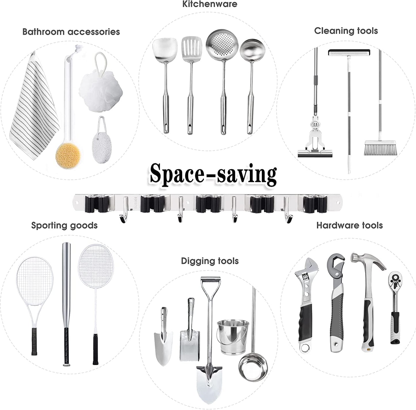 5 Holders+4 Hooks Broom Holder Wall Mounted with Nails Installation, Heavy Duty Stainless Steel Mop Holder, Brush Mop and Broom Storage Self Adhesive